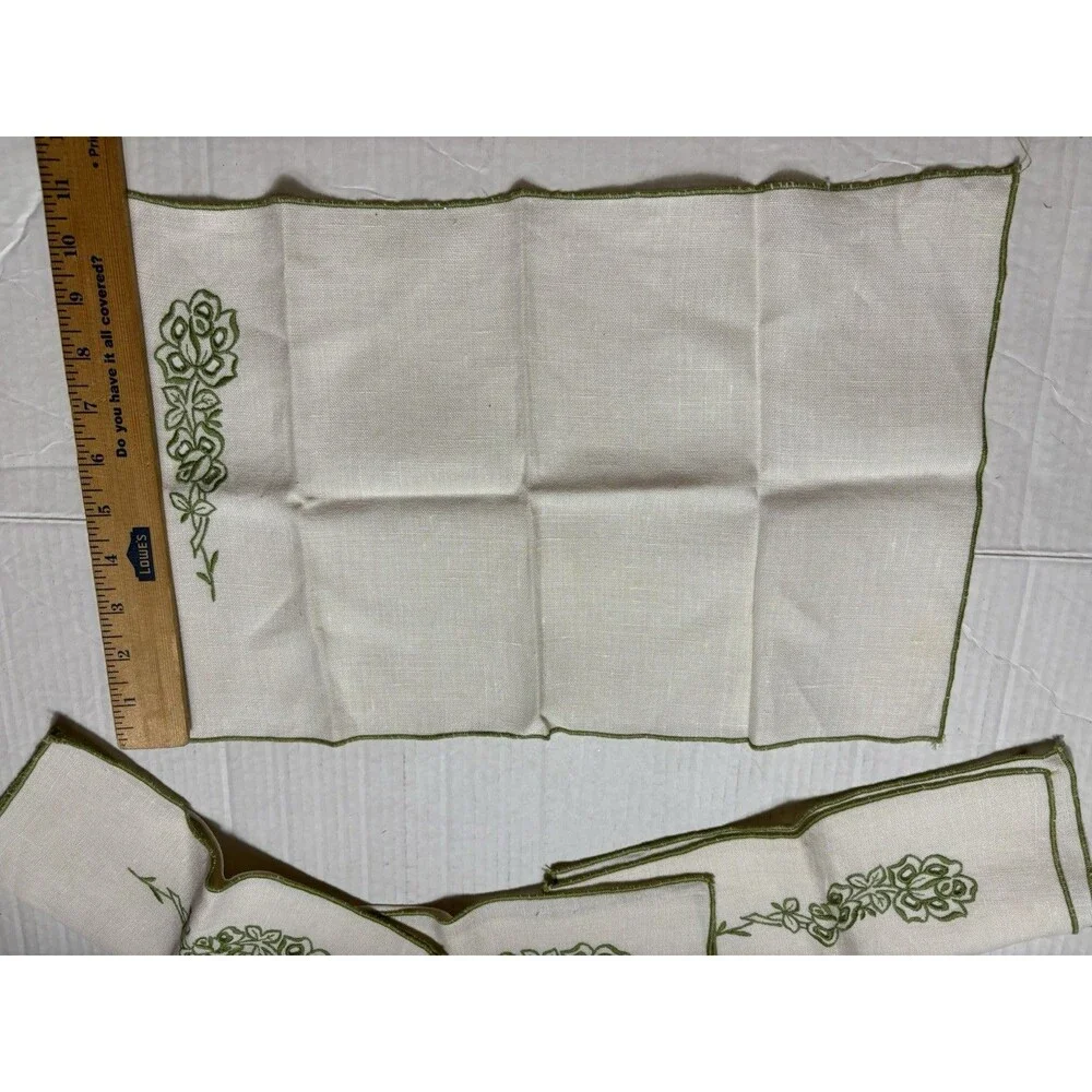 Vintage Linen Napkins Set of 6 Ivory Green Embroidered Roses Floral 12x17